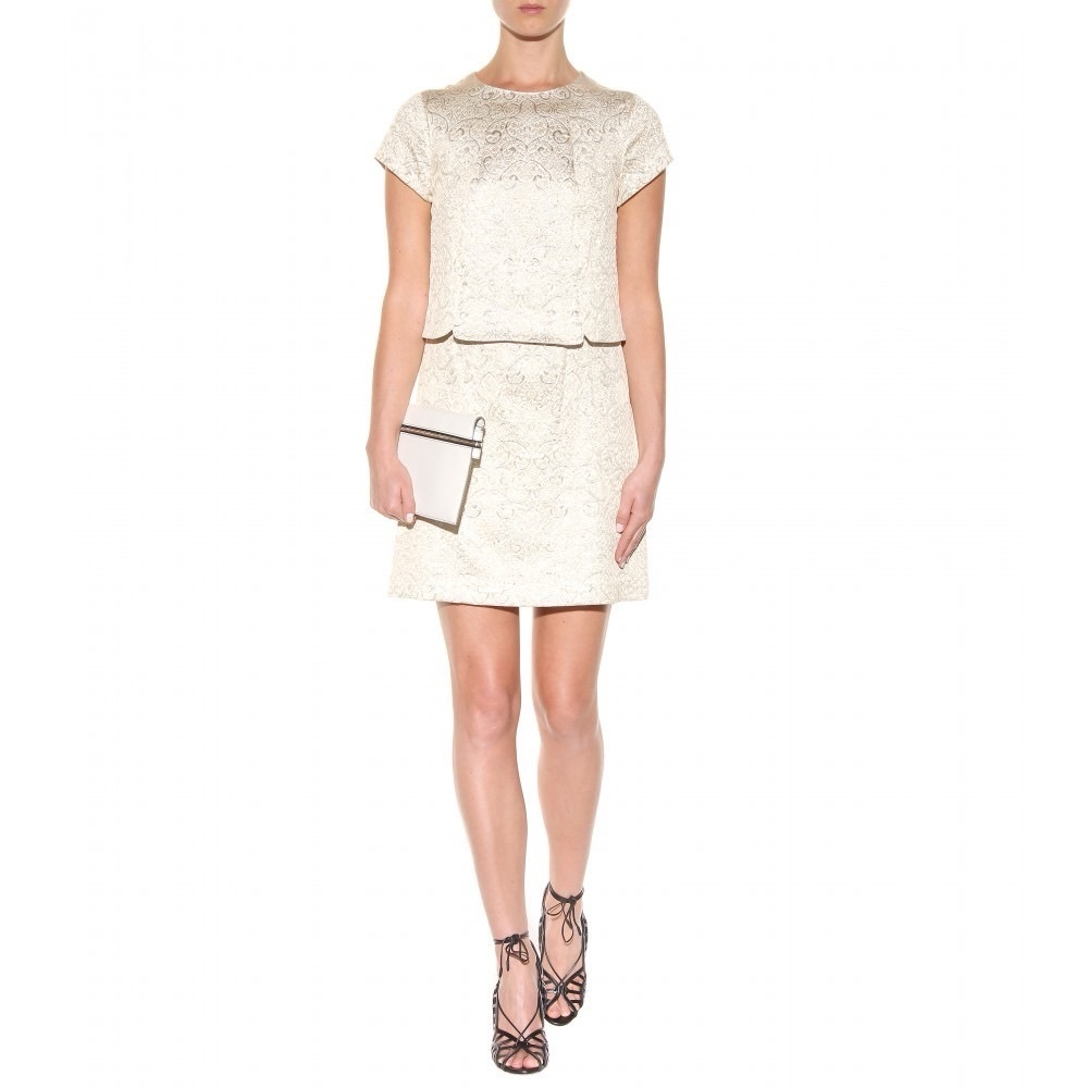 Tory Burch Brielle Metallic Brocade Mock Two Piece Dress in Sandshell - Picture 2 of 16